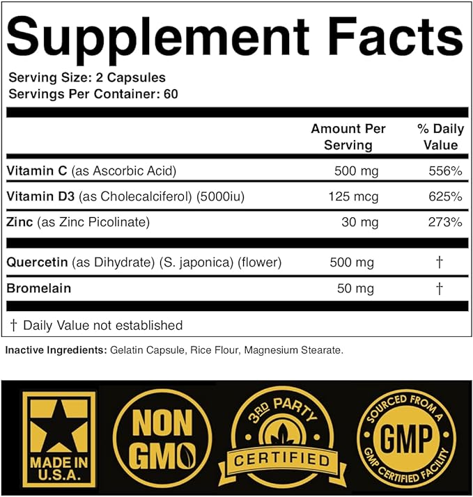 Zinc Quercetin 500mg with Vitamin C Vitamin D3 Bromelain Immune Support High Potency Quercetin Zinc Supplement ZQV by SPARTIS (Pack of 1 Bottle at 120-Caps)