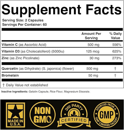 Zinc Quercetin 500mg with Vitamin C Vitamin D3 Bromelain Immune Support High Potency Quercetin Zinc Supplement ZQV by SPARTIS (Pack of 1 Bottle at 120-Caps)