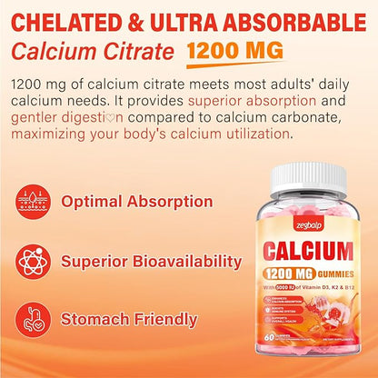 Calcium 1200 mg with Vitamin D3 Supplement for Adults - Calcium Gummies with Vitamin D3 5000IU, K2, B12 for Women Men - Extra Absorption Calcium Citrate - Natural Strawberry Flavor, 120 Gummies