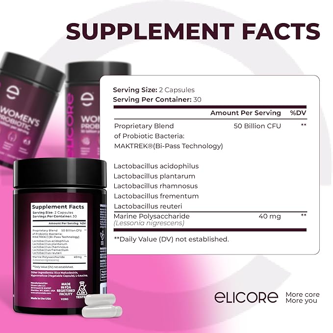 Probiotics for Women 50 Billion CFU - Lactobacillus for Digestive & Vaginal Health - Non-GMO, Gluten-Free Blend with MAKTREK Bi-Pass Technology - Vaginal Probiotics - 60 Veg Capsules