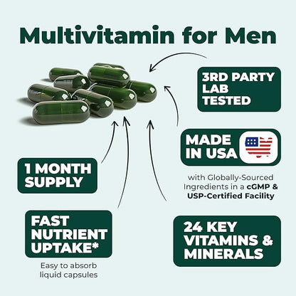 Multivitamin for Men - Daily Mens Multivitamins & Multiminerals with Vitamin D, Vitamin C, B12 Zinc, Iron. Essential Vitamins for Men - Energy, Focus, Stamina, Performance, Mens Health. 60 Liquid Caps