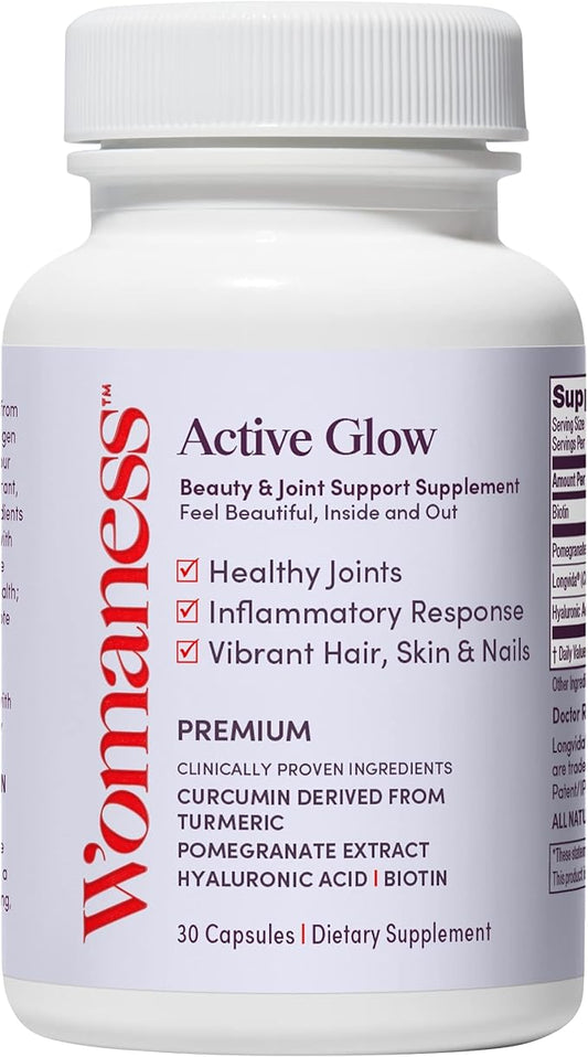 Womaness Active Glow Hair Skin & Nails Vitamins – Supplement for Women w/Biotin, Curcumin derived from Turmeric, Hyaluronic Acid – Vitamins for Hair Growth, Joint Health & Skin Hydration –30 Capsules