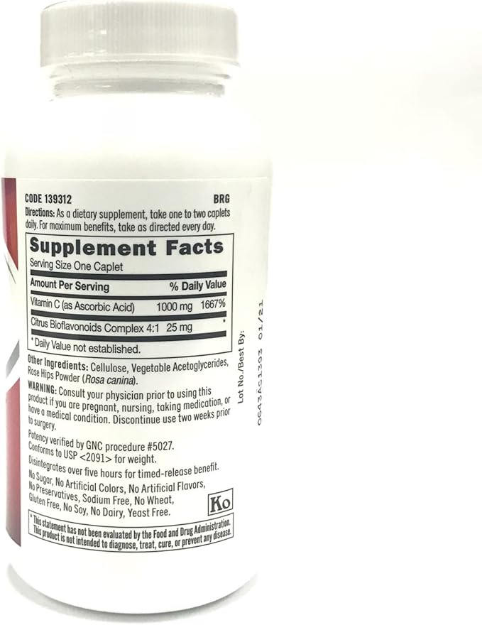GNC Vitamin C 1000mg, 90 Caplets, Provides Immune Support