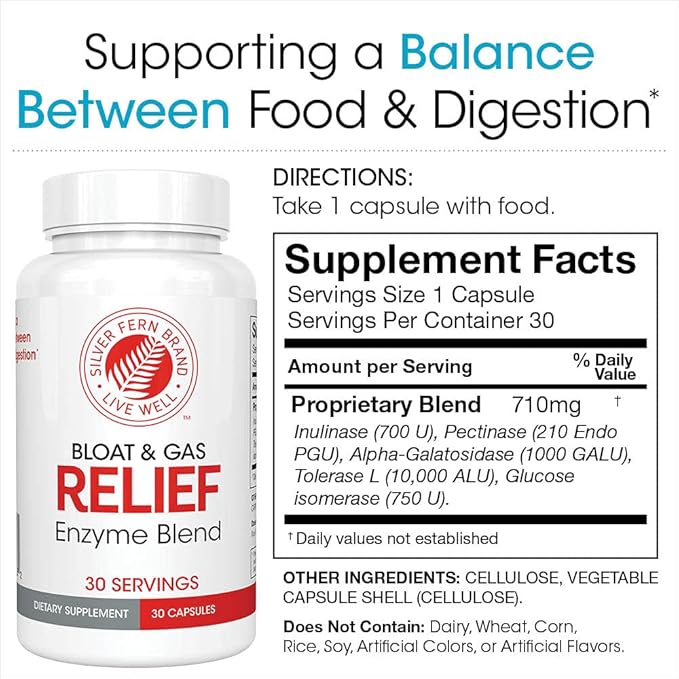 Silver Fern Bloat & Gas Relief Digestive Enzyme Blend - 1 Bottle = 30 Servings - FODMAP & Bloating Digestion Supplement with Tolerase L, Pectinase & More (1 Bottle)