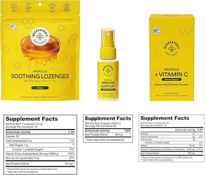 Beekeeper's Naturals Immune Support Kit | Propolis Throat Spray - Honey Cough Drops - Vitamin C Liposomal | Effective & Natural Sore Throat Relief