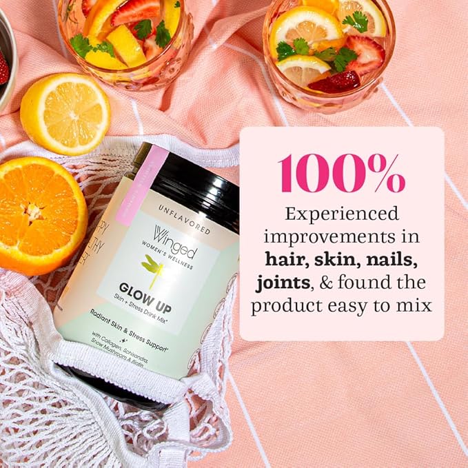 Winged Glow Up Collagen Powder 3 Pack | Hair, Skin, Nails & Stress Relief for Women | Grass Fed Collagen Peptides w/Adaptogen Schisandra, Snow Mushroom, Vitamin C & Biotin | Unflavored (75 Servings)