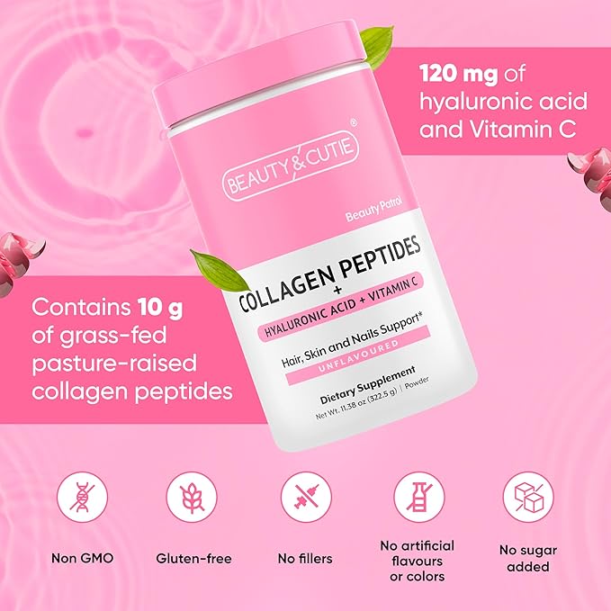 Collagen Peptides 10g with Hyaluronic Acid 120 mg and Vitamin C Powder, Hair, Skin and Nails Support, Grass Fed, Unflavored, 11.38 oz