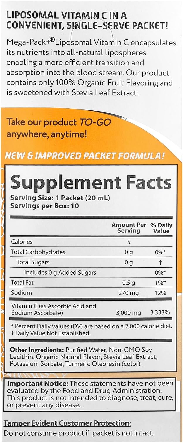 Aurora Nutrascience Mega-Pack Liposomal Vitamin C, Immune Support, 3,000 mg Per Serving, Vegan, Gluten Free, Non-GMO, 10 Single Serve Packets, Orange