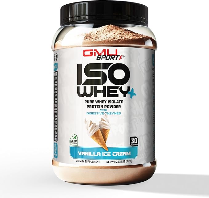 GMU SPORT ISO Whey - 100% Whey Isolate Protein - Vanilla Ice Cream, 2lb, (30 Servings) - 26g Protein Per Serving Complete with a Full Amino Profile, Digestive Enzymes, BCAA's and Collagen Peptides