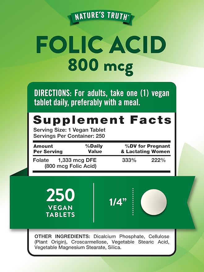 Nature's Truth Folic Acid | 800 mcg | 250 Tablets | Vegan, Non-GMO & Gluten Free Supplement
