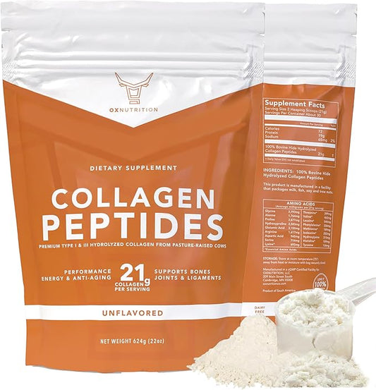 Collagen Peptides Powder, Large 22oz, Hydrolyzed Collagen, Collagen Powder for Healty Skin Hair Nail Joints, Grass Fed, Pasture Raised, Certified cGMP, Non-GMO, Gluten Free, 3P Tested Unflavored