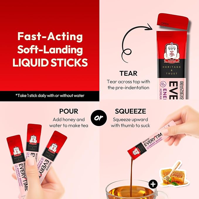 Everytime Energy Boost Korean Red Ginseng Extract 1,000mg & Honey - Vegan Ginseng Energy Drink Liquid Stick Supplements - Builds Stamina & Immunity No Caffeine (30 Sticks, 0.34 fl oz)