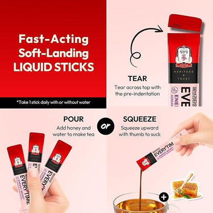 Everytime Energy Boost Korean Red Ginseng Extract 1,000mg & Honey - Vegan Ginseng Energy Drink Liquid Stick Supplements - Builds Stamina & Immunity No Caffeine (30 Sticks, 0.34 fl oz)