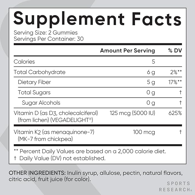 Sports Research® Vegan Vitamin D3 + K2 Gummy Supplements - 5000iu Vitamin D with 100mcg Mk7 Vitamin K - Supports Calcium for Stronger Bones & Immune Health - 60 Gummies for Adults, for Women, 1 Month