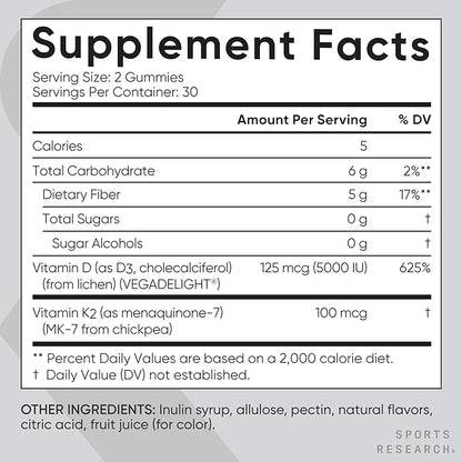 Sports Research® Vegan Vitamin D3 + K2 Gummy Supplements - 5000iu Vitamin D with 100mcg Mk7 Vitamin K - Supports Calcium for Stronger Bones & Immune Health - 60 Gummies for Adults, for Women, 1 Month