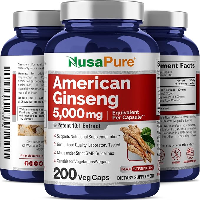 NusaPure American Ginseng 10:1 Extract, 500 mg Equivalent to 5000mg - 200 Veggie Capsules (Vegetarian, Non-GMO, Vegan)