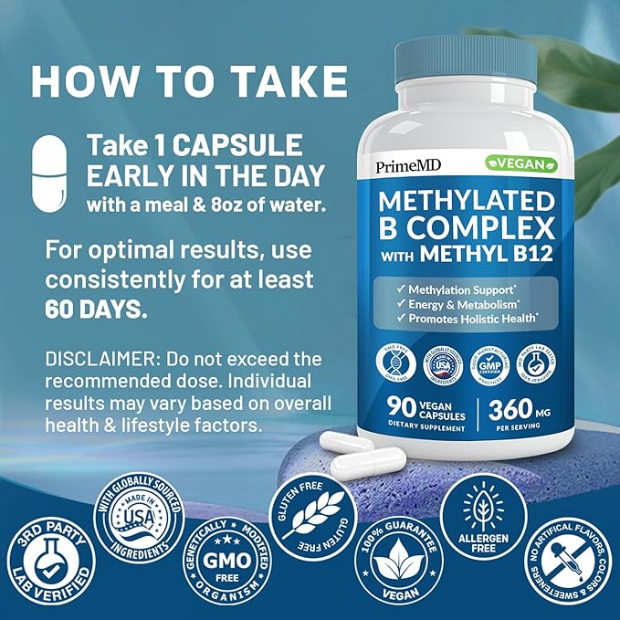 Methylated B Complex with B12 Methylcobalamin & Methyl Folate 1000 mcg - Premium Vitamin B Complex for Energy, Brain Function, and Wellness - Methylated Multivitamin (270 Servings, Pack of 3)
