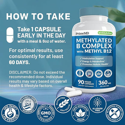 Methylated B Complex with B12 Methylcobalamin & Methyl Folate 1000 mcg - Premium Vitamin B Complex for Energy, Brain Function, and Wellness - Methylated Multivitamin (270 Servings, Pack of 3)