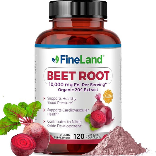 FineLand Beet Root 20x Full Spectrum – 10,000mg Equivalent per Capsule – Nitric Oxide, Blood Pressure Support - Circulation & Heart Health – 120 Vegan Capsules Made in USA