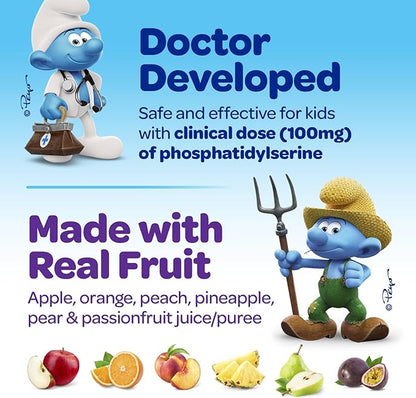 Smurfs Focus Gummies for Kids | Kids Focus and Attention Supplement with Phosphatidylserine | Made with Real Fruit | Doctor Developed | Non-GMO and No Artificial Flavors or Colors | 30 Gummies