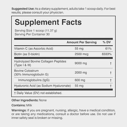 Collagen & Colostrum Powder Enhanced with Biotin, Hyaluronic Acid, Vitamin C | Grass-Fed | Immune & Gut Health Skin Hair Nails Supplement 30 Servings Powder