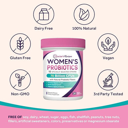 Doctor's Recipes Probiotics for Women, Organic Prebiotics and Probiotics for Digestive Health, Vaginal Health, 70 Billion CFU, 10 Strains, Shelf Stable, 30 Capsules