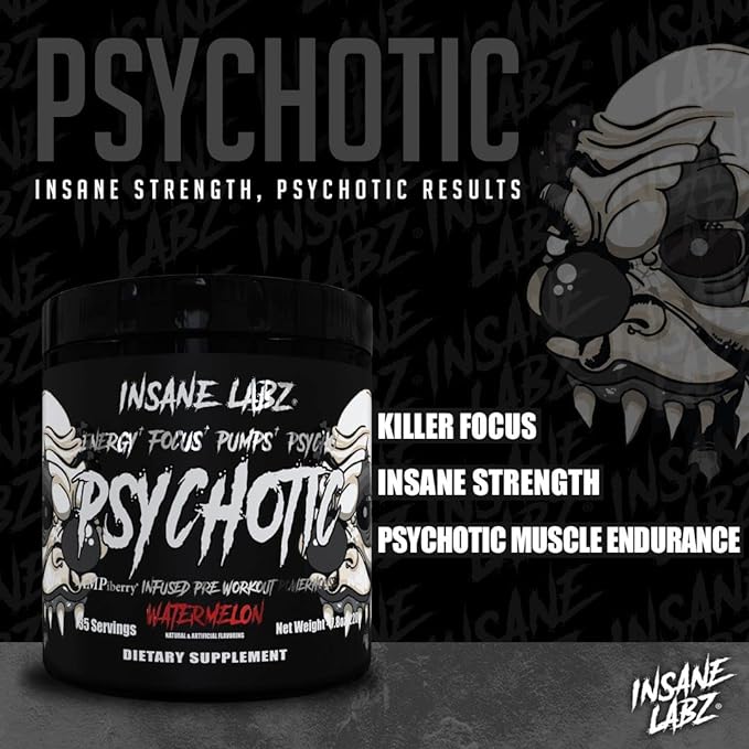 Insane Labz Psychotic Black Edition Mid Stimulant Pre Workout Powder, Energy Focus Pumps, Loaded with Creatine Beta Alanine Taurine Fueled by AMPiberry, 35 Servings (Watermelon)