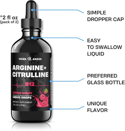 L-Arginine + L-Citrulline Liquid Drops with Vitamin B12 – Citrus Berry Flavor, 2 fl oz (60 ml) Pack of 2 - Fast Absorption, Easy-to-Use
