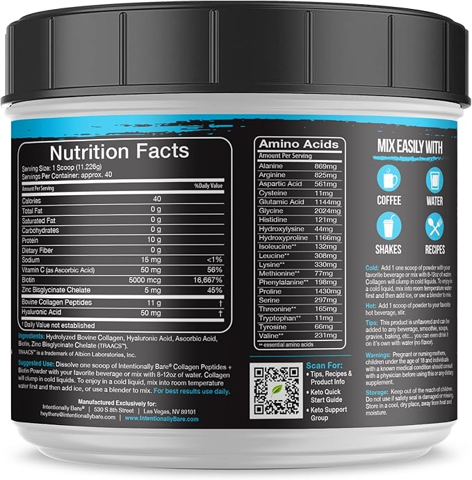Intentionally Bare Collagen Powder Unflavored - Collagen Peptides Powder with Biotin & Hyaluronic Acid - Non-GMO & Grass Fed Collagen Protein Powder with 10g Protein - Keto Collagen Powder 40 Servings