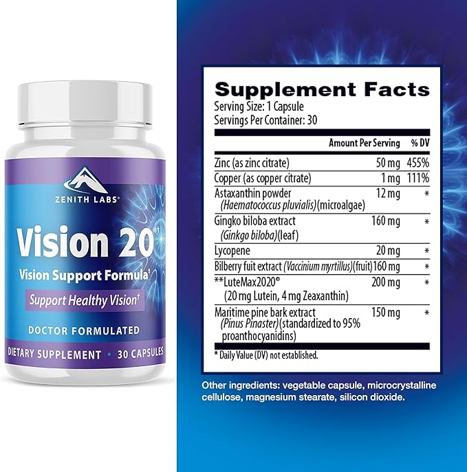 Zenith Labs Vision 20 Eye Vitamins - Lutein, Zeaxanthin, and Bilberry Extract - Supports Eye Strain, and Eye Health - Carotenoid Blend, 3 Pack