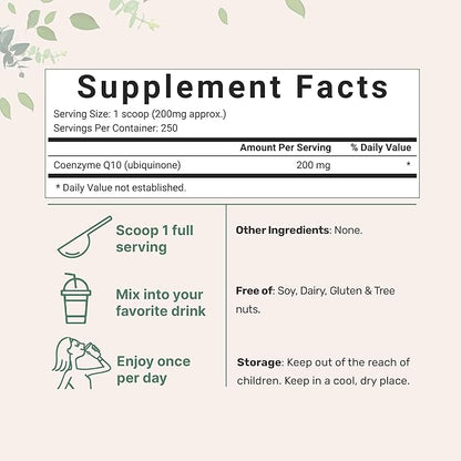 Micro Ingredients Water Soluble COQ10 Supplement (COQ10 200mg Per Serving in Powder Form), 50 Grams (8 Months Supply), Extra Absorption, Supports Heart and Energy Health, Vegan Friendly