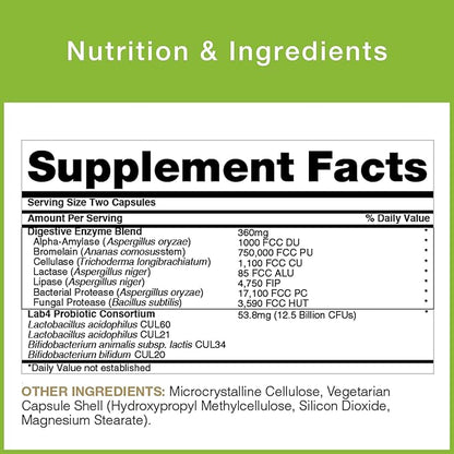 Probiotics with Digestive Enzymes | Acidophilus & Bifidus | 30 Capsules | 25 Billion Probiotics Per 2 Capsules | Supports Digestion and Absorption | Lactose Free, Gluten Free, Vegetarian