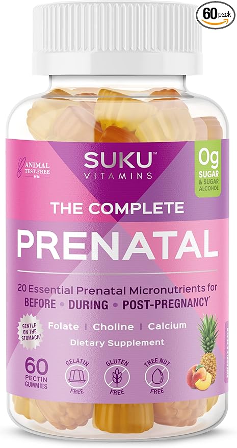 SUKU Prenatal Multivitamin Gummies – Folate, Calcium, Vitamin D3, B12, K2 – Sugar-Free, Vegetarian, Gluten-Free Pregnancy Support – Pineapple Peach Flavor – 60 Count