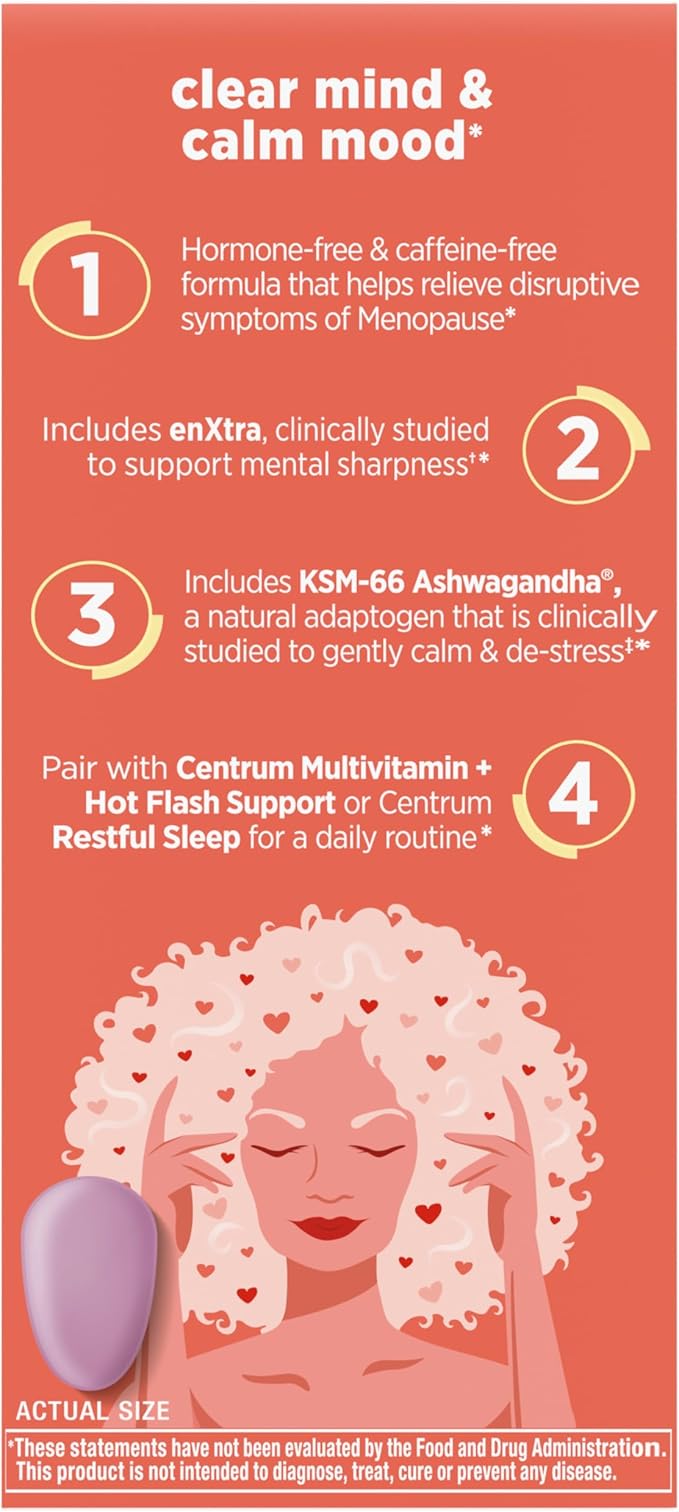 Centrum Clear Mind and Calm Mood Menopause Support Tablets, with Clinically Studied enXtra, 30 Count