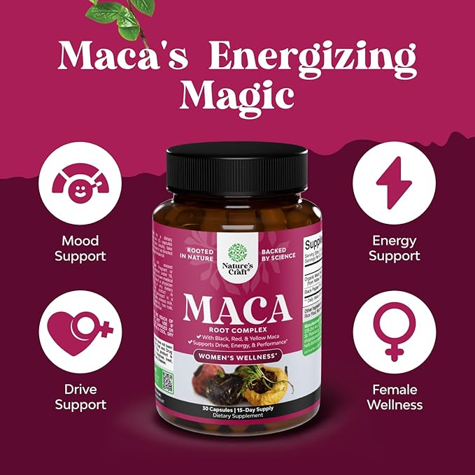 Organic Maca Root Capsules for Women - Potent Herbal Supplement with Female Enhancing Blend of Red Yellow & Black Maca Root - Non-GMO Certified Vegan and Gluten-Free with No Artificial Colors - 30ct