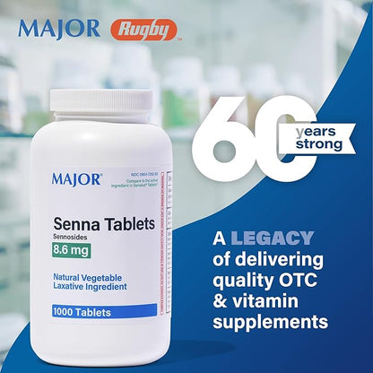 Major Senna 8.6 mg Natural Vegetable Laxative Tablets - Made With Sennosides - 1000-Count - (4 Pack)