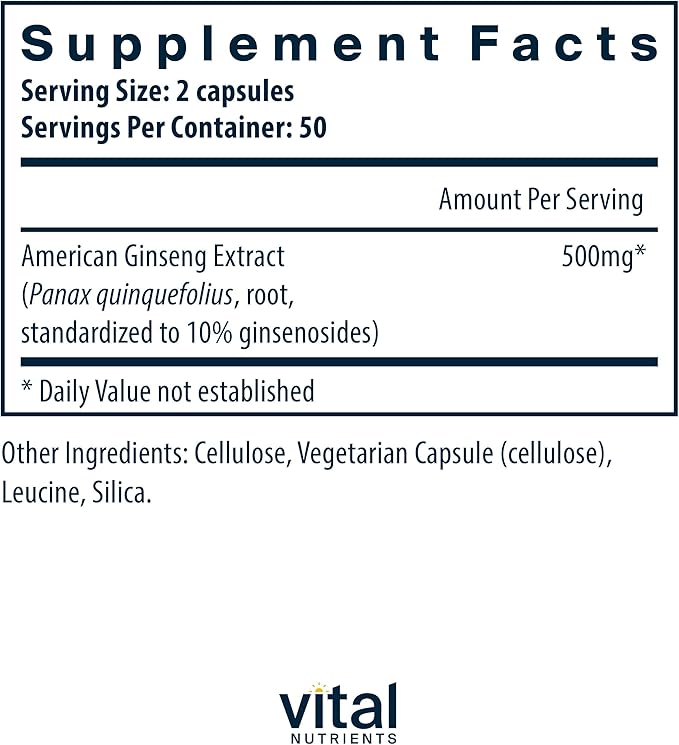 Vital Nutrients - American Ginseng - Energy Support - Mental and Physical Endurance - 100 Vegetarian Capsules per Bottle - 250 mg