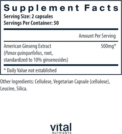 Vital Nutrients - American Ginseng - Energy Support - Mental and Physical Endurance - 100 Vegetarian Capsules per Bottle - 250 mg