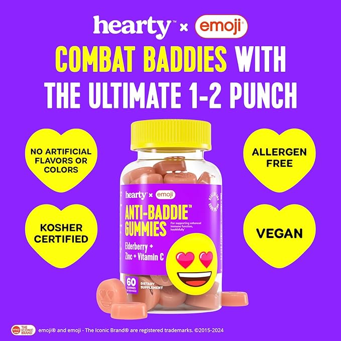HEARTY Immune Support Gummies, Elderberry, Zinc & Vitamin C Gummies for Kids & Adults, Kid Vitamins for Immune System Support, Adult Immunity Supplement, Non-GMO, 60 Gummy Count