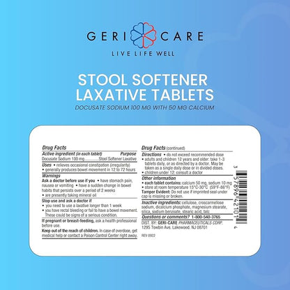 GeriCare Docusate Sodium Stool Softeners, Best Stool Softener for Daily use for Women, Men, and Elderly - Ideal for Constipation Relief 100mg Crushable Tablets. (100 Count) Made in the USA (Pack of 4)