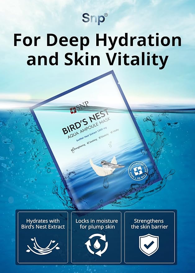 [K Beauty] Bird's Nest Ampoule Sheet Mask | Hyaluronic Acid Sheet Mask | Maximum Hydration and Protection for All Dry Skin Types | Korean Skincare Facial Mask | 10 Sheets