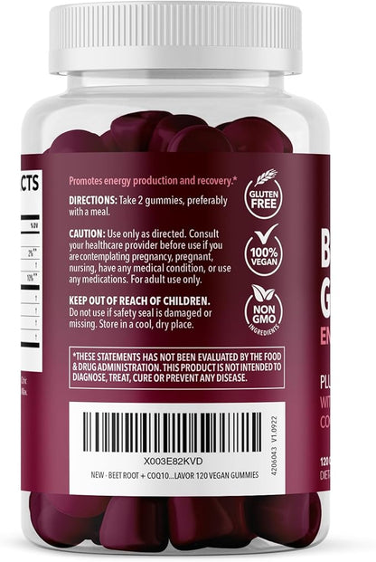 Beet Root Gummies with COQ10 & Pomegranate - Nitric Oxide Supplement for Men and Women - Beetroot for Endurance, Performance, Recovery - Vegan, Non-GMO, Gluten Free - Mixed Berry Flavor, 120 Count