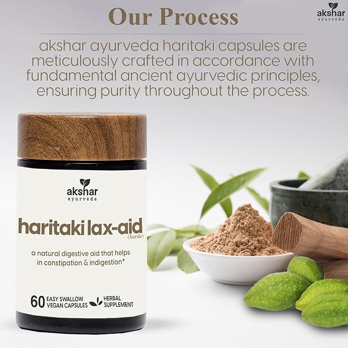 AKSHAR Ayurveda - Haritaki Lax Aid Capsules for Natural Constipation Relief & Indigestion Support - Plant Based Digestive Aid for Regularity & Gentle Rejuvenation - Vegan Cruelty Free (60 Count)