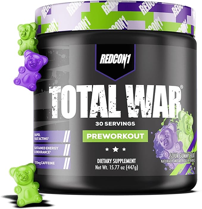 REDCON1 Total War Preworkout, Sour Gummy Bear - Contains 320mg of Caffeine from Green Tea, Juniper & Beta Alanine - Pre Work Out with Amino Acids to Increase Pump, Energy + Endurance (30 Servings)