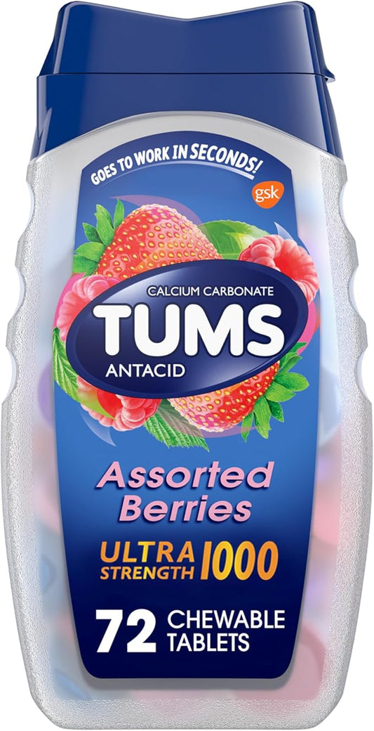 TUMS Ultra Strength Chewable Antacid Tablets for Heartburn Relief and Acid Indigestion Relief, Assorted Berries - 72 Count