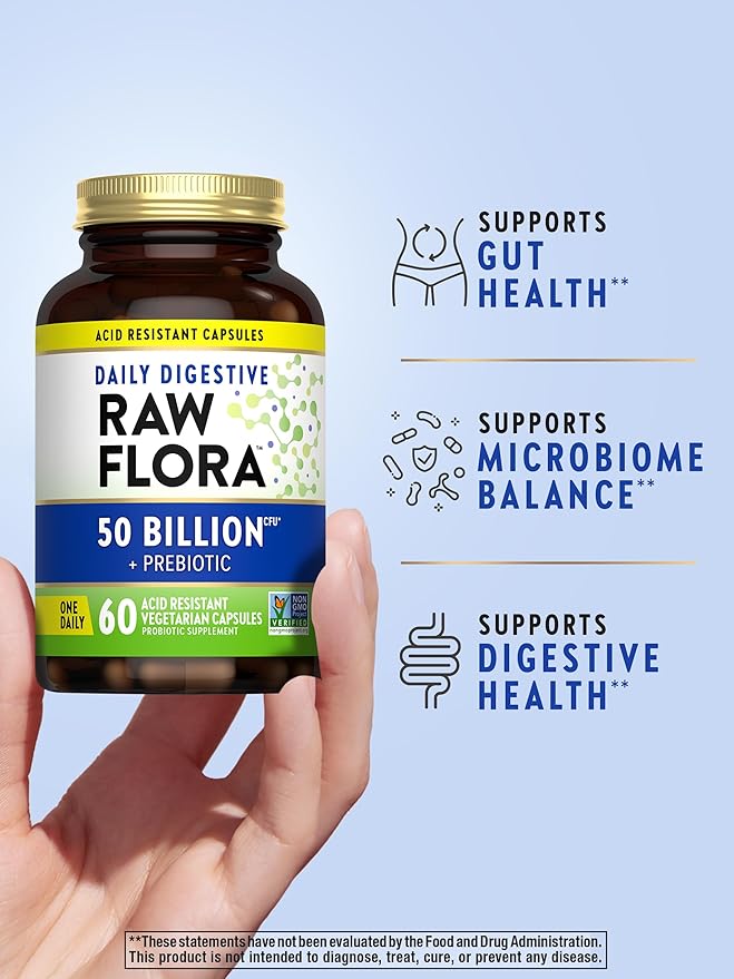 Raw Flora Probiotic with Prebiotics | 50 Billion CFU | Daily Digestive Capsules | Vegetarian & Gluten Free Supplement for Men and Women | by Nature's Truth