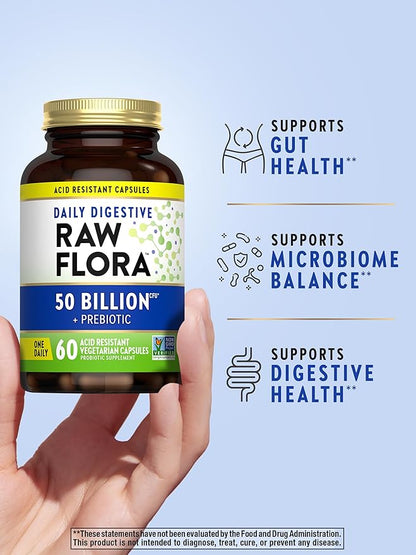 Raw Flora Probiotic with Prebiotics | 50 Billion CFU | Daily Digestive Capsules | Vegetarian & Gluten Free Supplement for Men and Women | by Nature's Truth