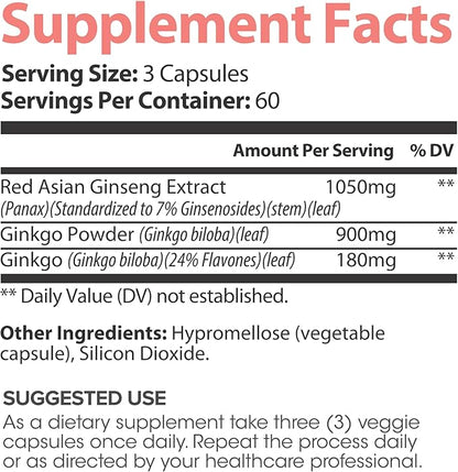 Ginkgo + Ginseng for Women – with Red Asian Ginseng Extract & Ginkgo Powder – 180 Veggie Capsules – 60 Servings – Non-GMO, Vegan & Gluten-Free (180 Count (Pack of 1))