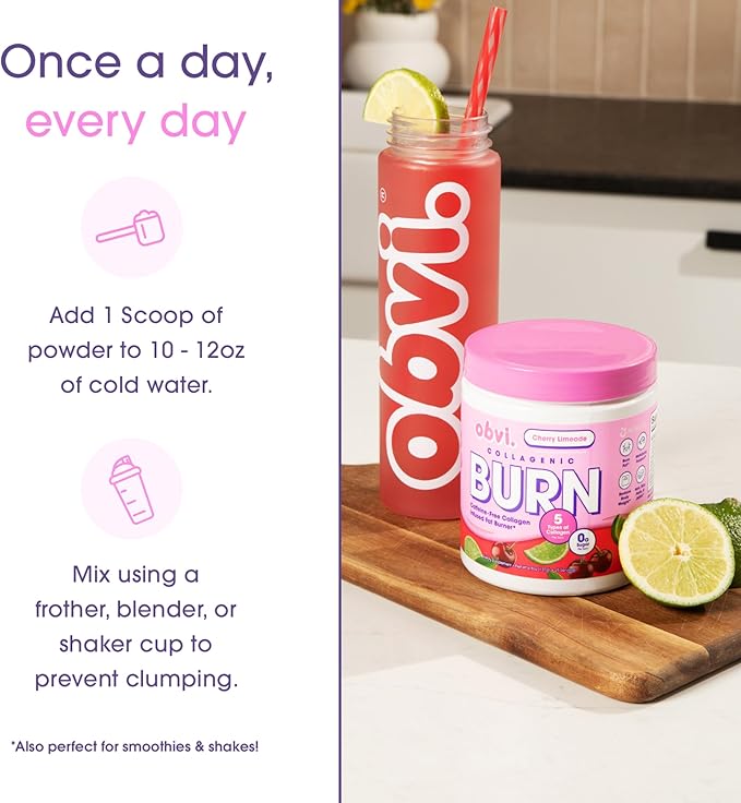 Obvi Collagenic Burn Powder | Collagen Peptide Blend with GBB, Ashwagandha & Green Coffee | Boosts Metabolism, Energy, and Wellness | Supports Skin, Hair, Nails, Joints | Cherry Limeade 25 Servings