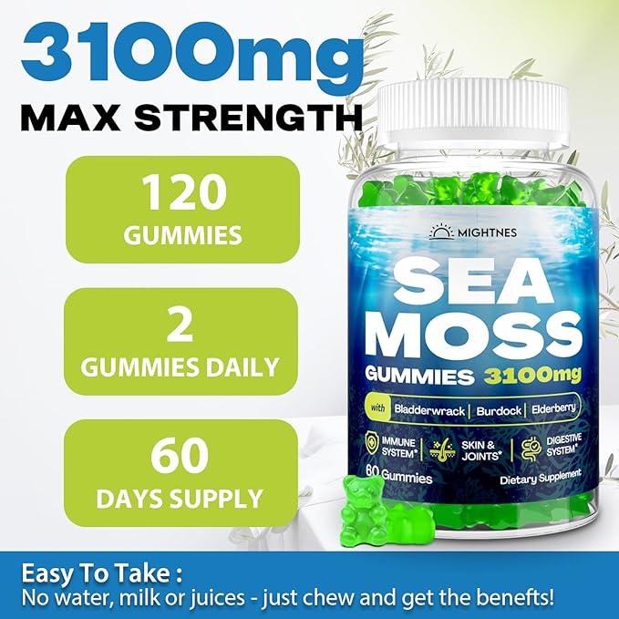 Sea Moss Gummies, 3100mg Irish True Sea Moss Seamoss Gummies for Women & Men with Bladderwrack, Burdock Root, Elderberry Vitamin C and Zinc for Detox Cleanse, Immune, Skin, Digestive, Organic, 120Ct